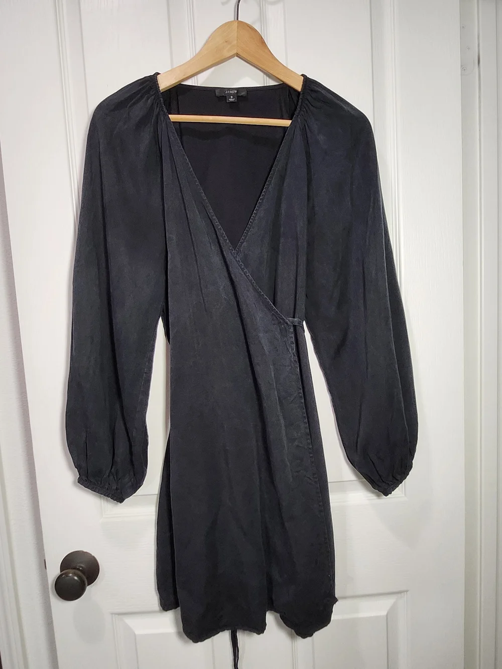 J.Crew Black Silk-Touch Lyocell Wrap Mini Dress Size S Long Sleeve V-Neck
